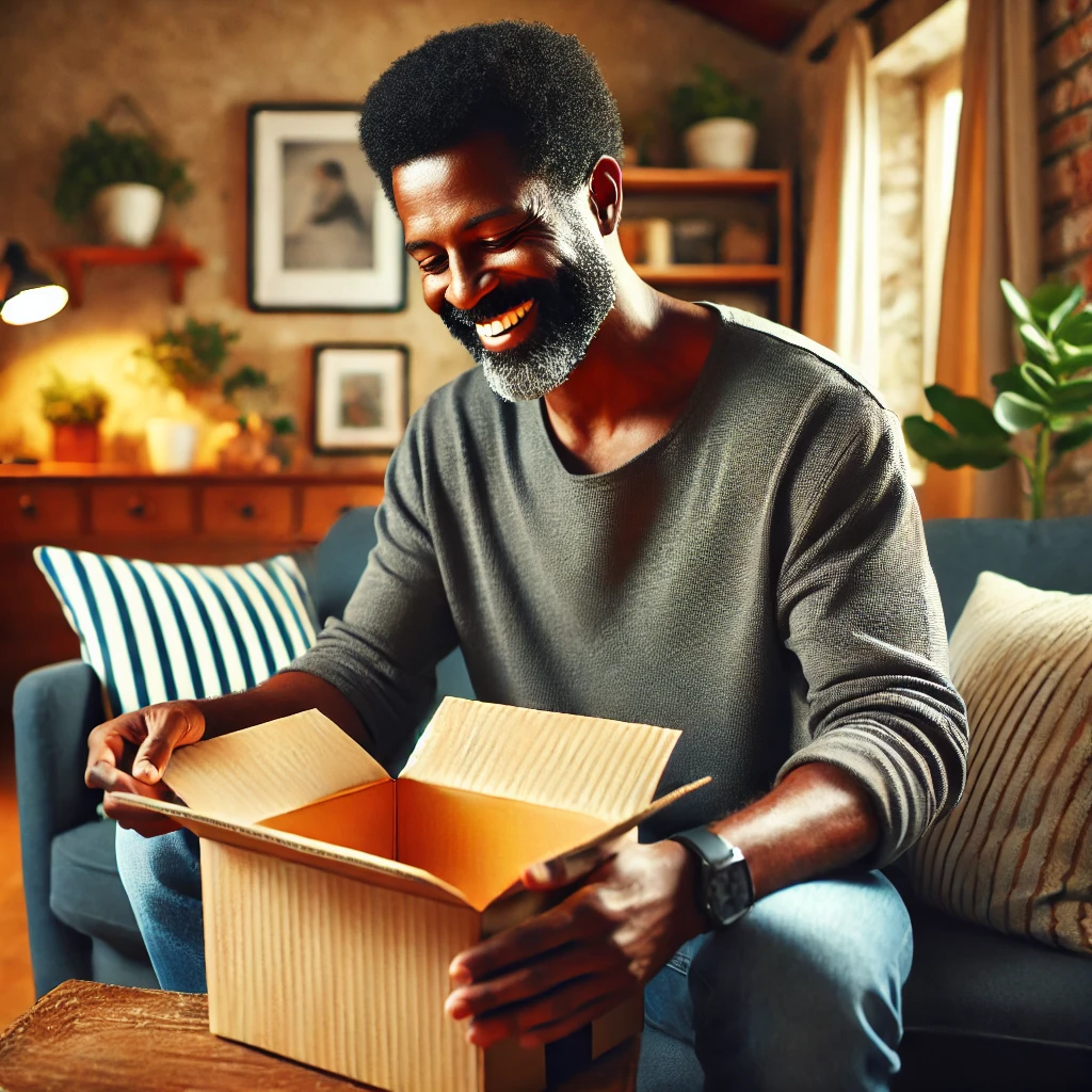 DALL·E 2025-01-03 16.51.32 - A middle-aged Black male, casually dressed, sitting in a cozy living room with warm lighting, excitedly opening a cardboard box package. The living ro