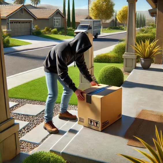 DALL·E 2025-01-03 17.01.08 - A detailed and realistic image of a person in a black hoodie bending over to pick up a medium-sized cardboard box placed on a concrete porch. The indi